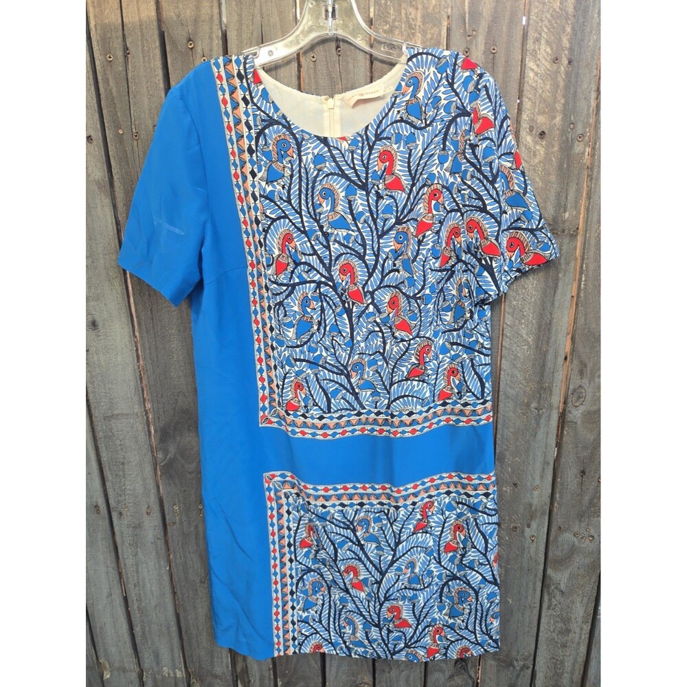 Tory Burch Mallory Silk Shift Mini Dress Blue Bird Frame Geo Print